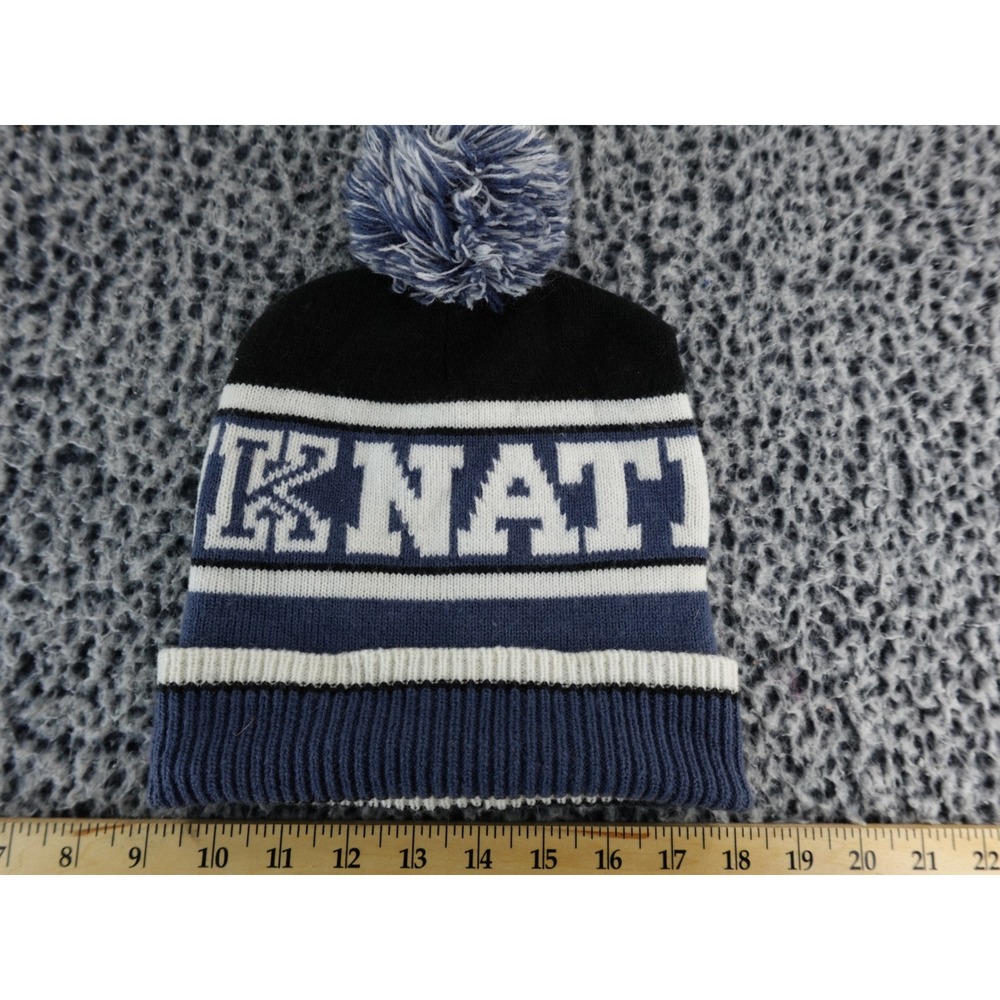 PINK Victoria's Secret Knit Beanie Hat Pom Pom Logo "KNAT" "ON PINK" Blue White